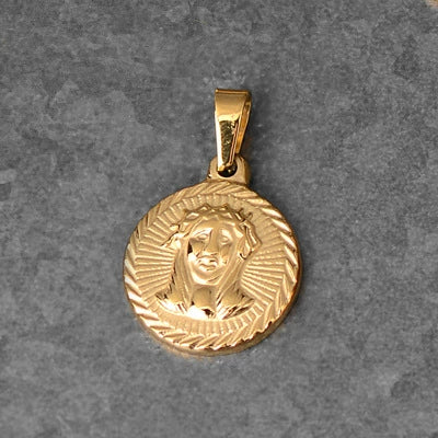 Titanium Steel Round Coin Pendant Necklace With Wheat Ear Pattern And Portrait Design Electroplated Gold Color Geometric Jewelry