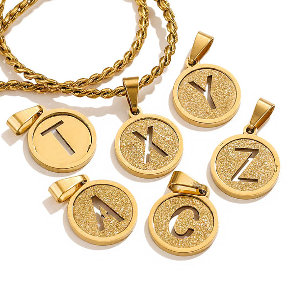 Titanium Steel Round Letter Pendant Jewelry With Sand Pressure And Electroplating Design
