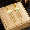 Titanium Steel Round Shell Blue Eyes Diamondembedded Chain Tassel Earrings For Women