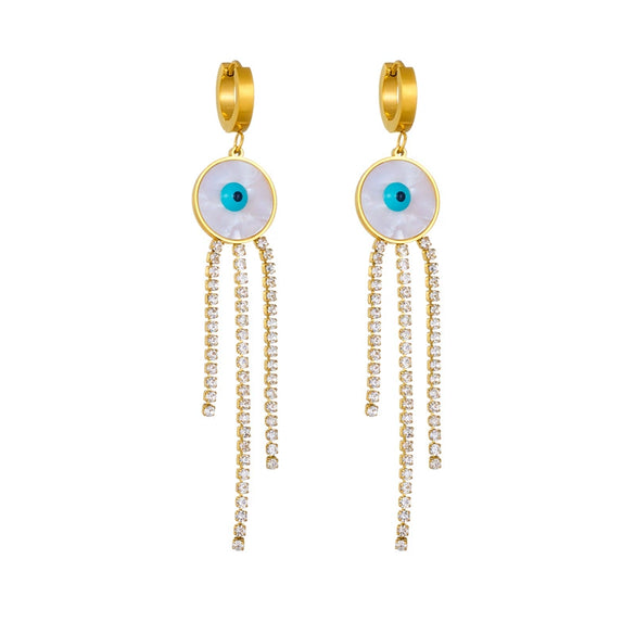 Titanium Steel Round Shell Blue Eyes Diamondembedded Chain Tassel Earrings For Women