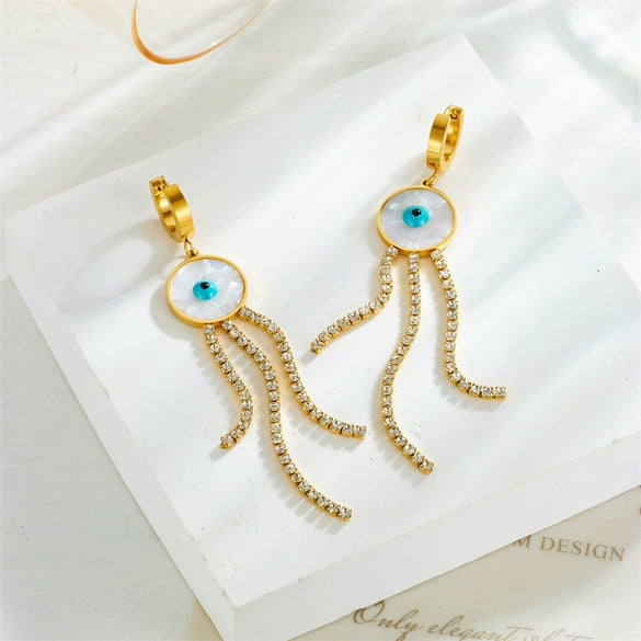 Titanium Steel Round Shell Blue Eyes Diamondembedded Chain Tassel Earrings For Women