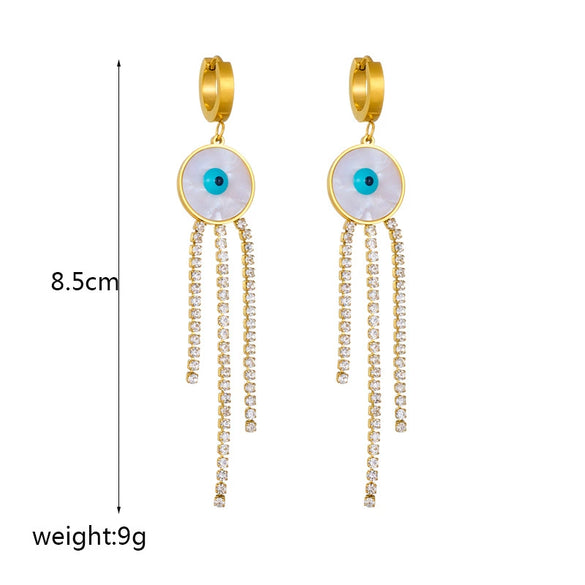 Titanium Steel Round Shell Blue Eyes Diamondembedded Chain Tassel Earrings For Women