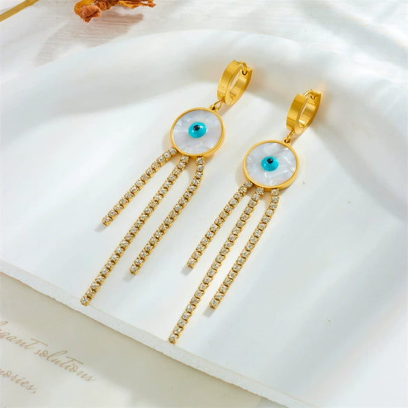 Titanium Steel Round Shell Blue Eyes Diamondembedded Chain Tassel Earrings For Women