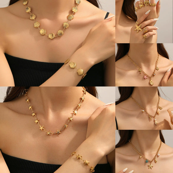 Titanium Steel Shell Necklace With Marine Life Pattern Electroplated For Women Holiday Style Jewelry
