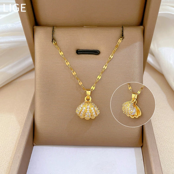 Titanium Steel Shell Pearl Necklace With Microinlaid Zircon Geometric Cartoon Style For Unisex