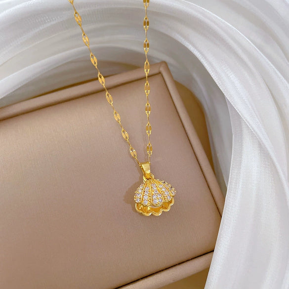 Titanium Steel Shell Pearl Necklace With Microinlaid Zircon Geometric Cartoon Style For Unisex