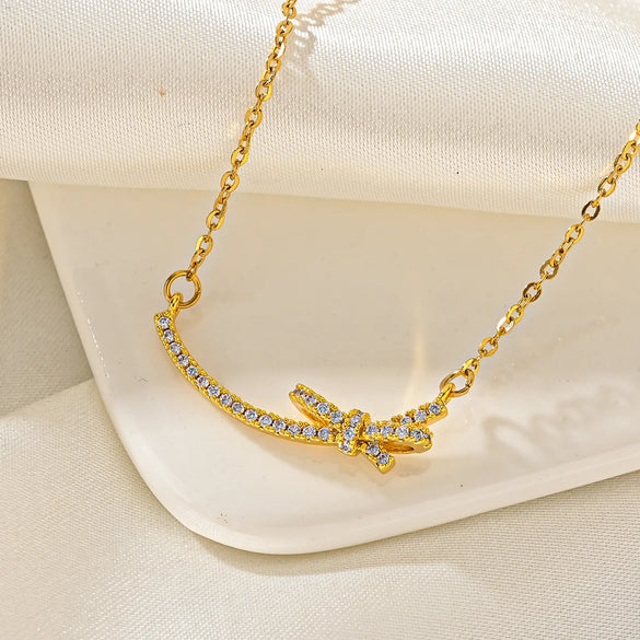 Titanium Steel Simple Style Classic Style Inlay Bow Knot Diamond Pendant Necklace