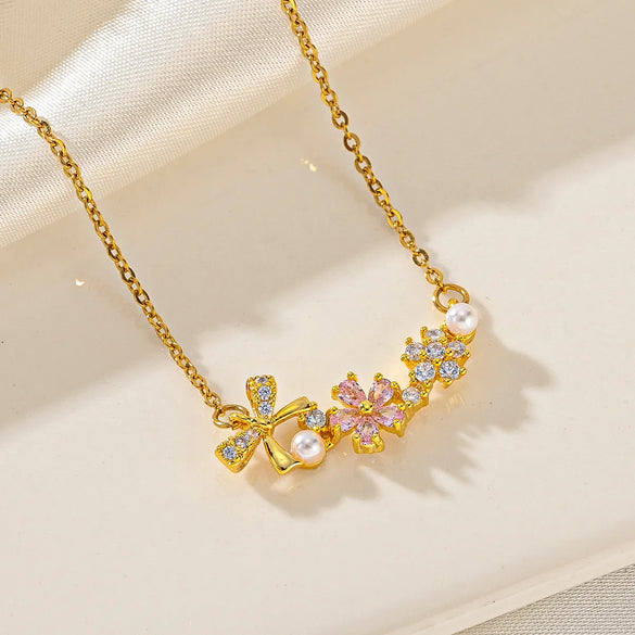 Titanium Steel Simple Style Classic Style Inlay Bow Knot Diamond Pendant Necklace