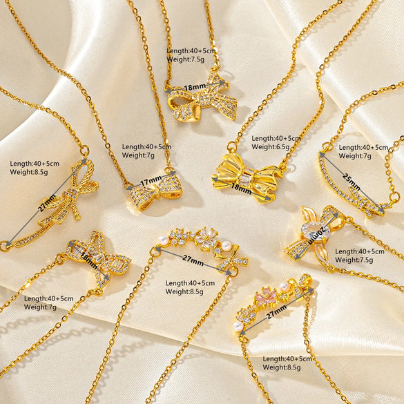 Titanium Steel Simple Style Classic Style Inlay Bow Knot Diamond Pendant Necklace