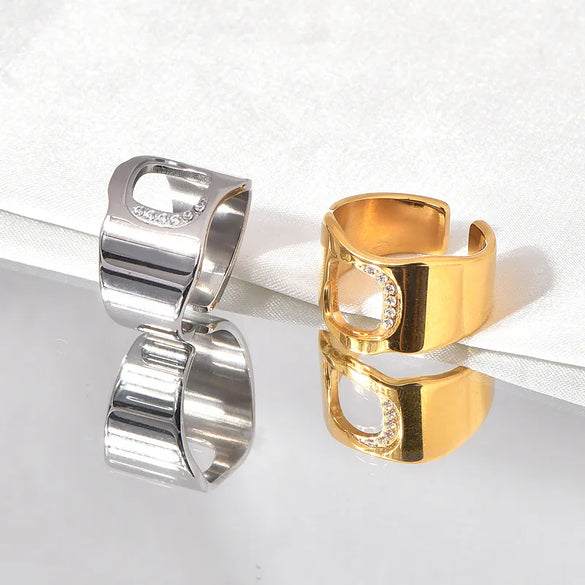 Titanium Steel Simple Style Solid Color Hollow Out Inlay Zircon Open Rings