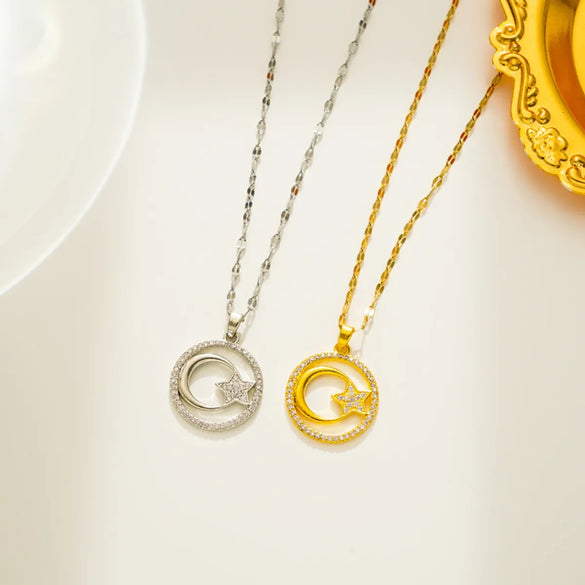 Titanium Steel Simple Style Star Moon Inlay Zircon Pendant Necklace