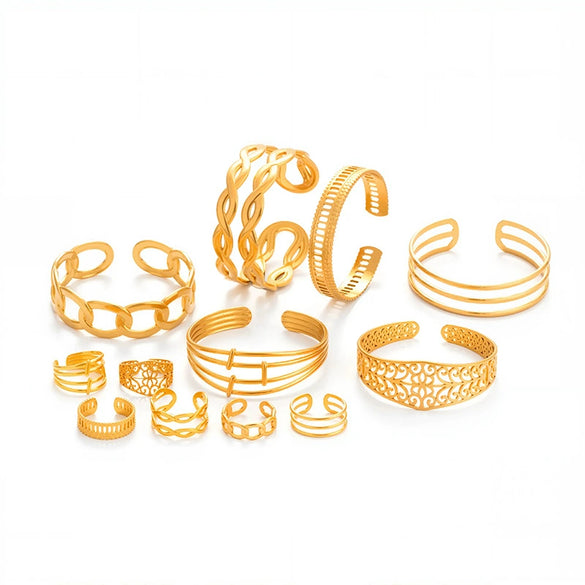 Titanium Steel Simple Versatile Hollow Pattern Ring And Adjustable Bracelet With Electroplating