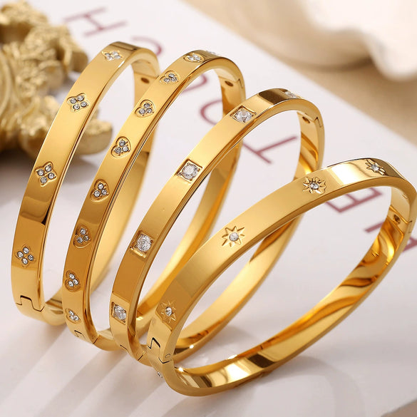 316L Stainless Steel Sixpointed Star Buckle Bracelet 18K Goldplated With Zircon
