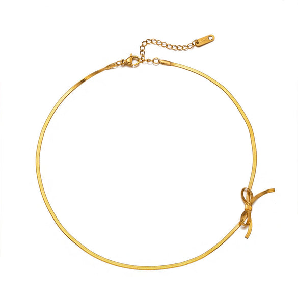 Titanium Steel Snake Bone Chain Bow Necklace Gold Plated