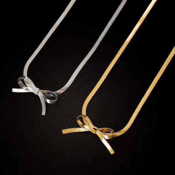 Titanium Steel Snake Bone Chain Bow Necklace Gold Plated