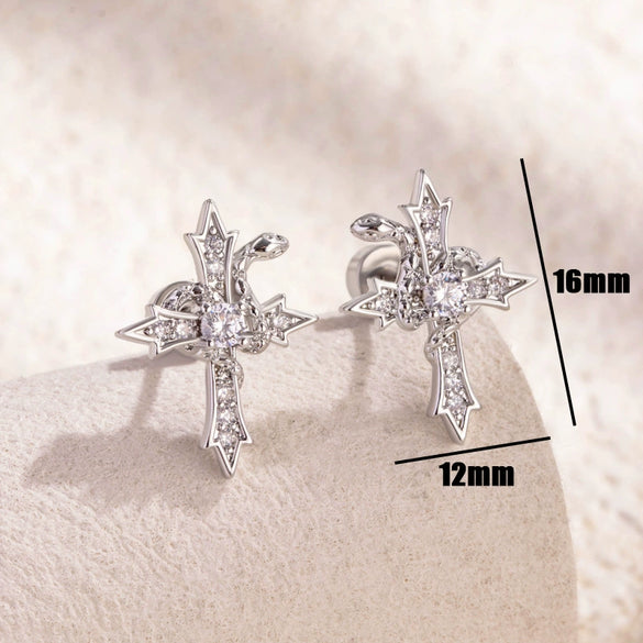 Titanium Steel Snake Cross Inlaid Zircon Couple Earrings