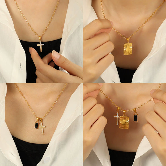 316L Stainless Steel Square Cross Combination Pendant Necklace With Electroplating Fashion Style For Women