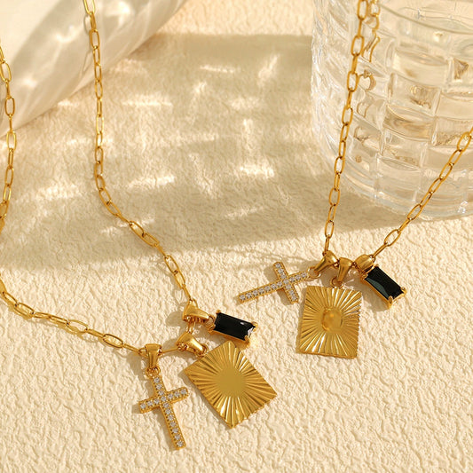 316L Stainless Steel Square Cross Combination Pendant Necklace With Electroplating Fashion Style For Women