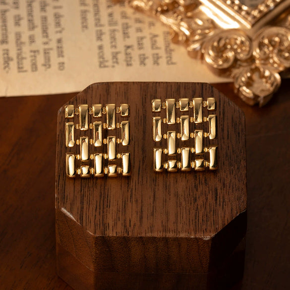 Titanium Steel Square Earrings With Simple Geometric Grid Design And Electroplating