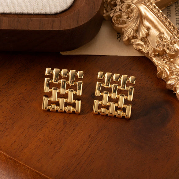 Titanium Steel Square Earrings With Simple Geometric Grid Design And Electroplating