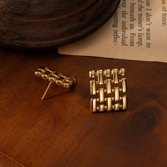 Titanium Steel Square Earrings With Simple Geometric Grid Design And Electroplating
