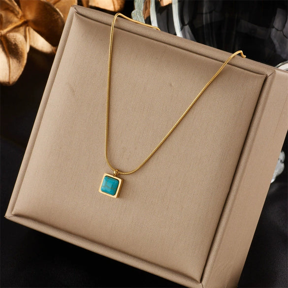 Titanium Steel Square Fivepointed Star Pendant Necklace Fashion Retro Design Electroplating Treatment For Women