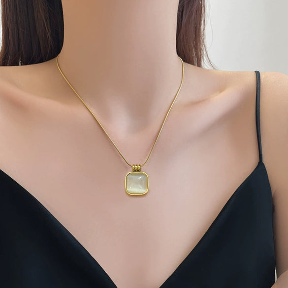 Titanium Steel Square Opal Necklace With Geometric Pattern Electroplated In Real Gold Simple And Cartoon Style Unisex
