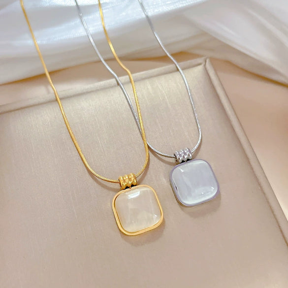 Titanium Steel Square Opal Necklace With Geometric Pattern Electroplated In Real Gold Simple And Cartoon Style Unisex