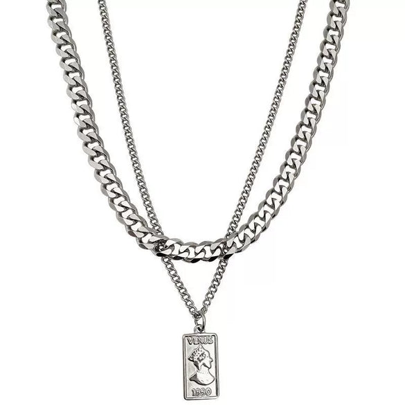 Titanium Steel Square Pendant Double Stack Cuba Thick Chain Necklace Geometric Style Unisex Hip Hop Sweater Chain Accessories