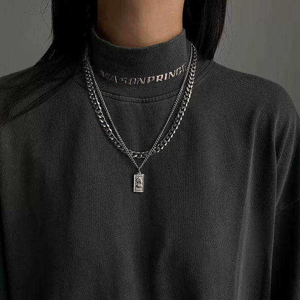 Titanium Steel Square Pendant Double Stack Cuba Thick Chain Necklace Geometric Style Unisex Hip Hop Sweater Chain Accessories