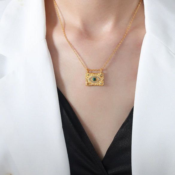 Titanium Steel Square Pendant Necklace And Ring Jewelry Suit With Devil's Eye Design And Electroplating Process
