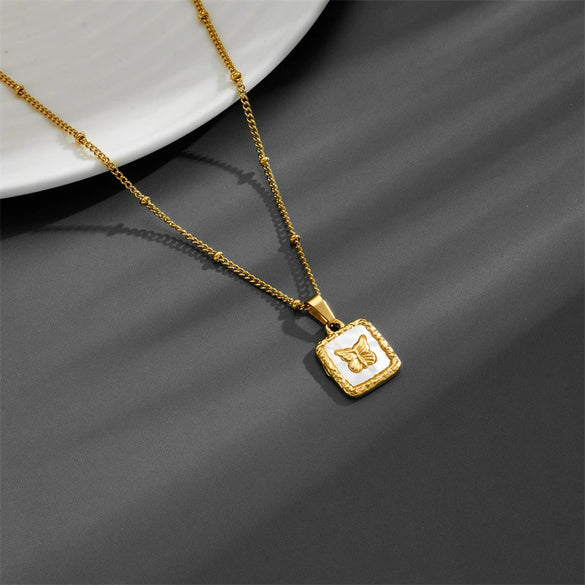 Titanium Steel Square Rose Butterfly Pendant Necklace With Geometric Pattern And Vacuum Electroplating In Furnace Cartoon Style Unisex