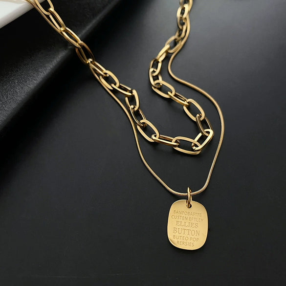 Titanium Steel Square Snake Bone Chain Double Layer Overlapping Collarbone Necklace With Geometric Pattern Light Luxury Style Jewelry For Female