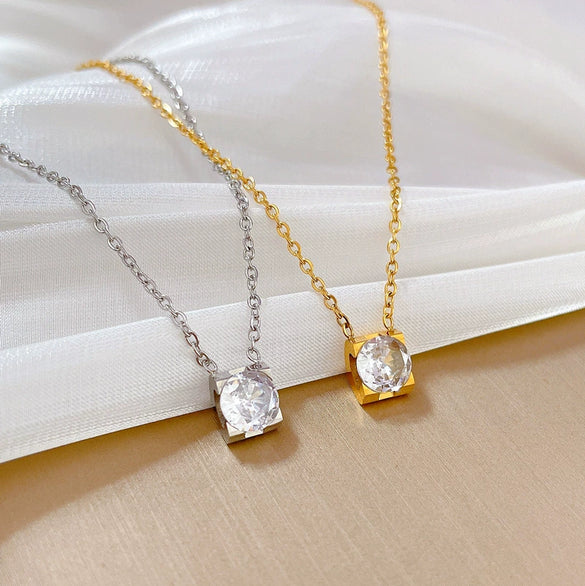 Titanium Steel Square Zircon Geometric Normcore Style Electroplating Necklace Unisex Accessory