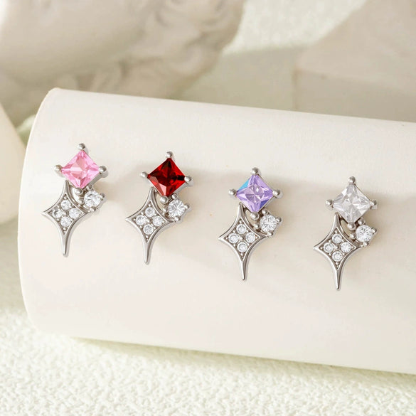 Titanium Steel Square Zircon Inlaid Sparkling Star Double Head Screw Ear Nail Women's Lovely Earrings