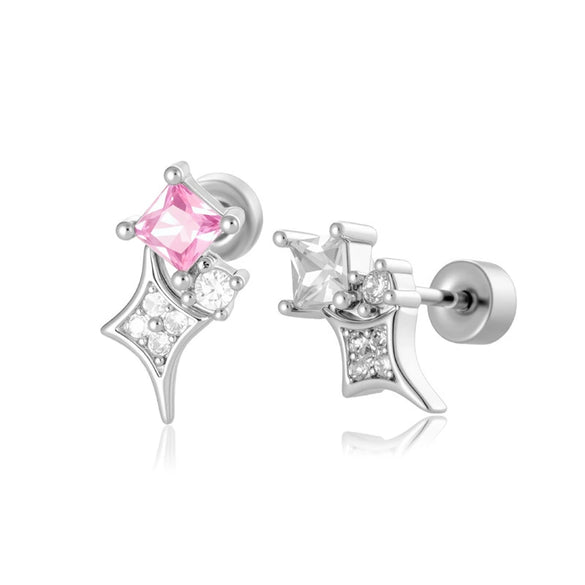 Titanium Steel Square Zircon Inlaid Sparkling Star Double Head Screw Ear Nail Women's Lovely Earrings