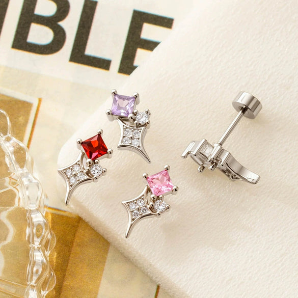 Titanium Steel Square Zircon Inlaid Sparkling Star Double Head Screw Ear Nail Women's Lovely Earrings