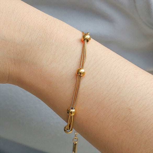 Titanium Steel Stacked Women's Minimalist Bracelet With Gold Bead And Gold Chain 18K Electroplated