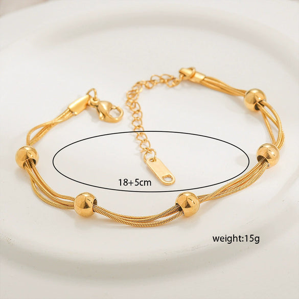 Titanium Steel Stacked Women's Minimalist Bracelet With Gold Bead And Gold Chain 18K Electroplated