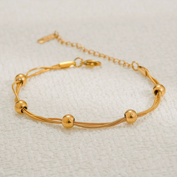 Titanium Steel Stacked Women's Minimalist Bracelet With Gold Bead And Gold Chain 18K Electroplated