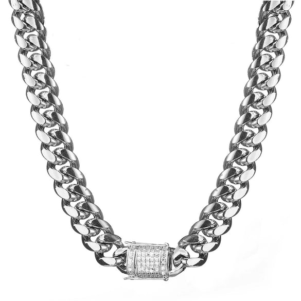 Titanium Steel Stainless Steel Cuban Chain Hiphop Geometric Microinlaid White Diamond Clasp Encrypted Necklace With Polishing And Electroplating For Men