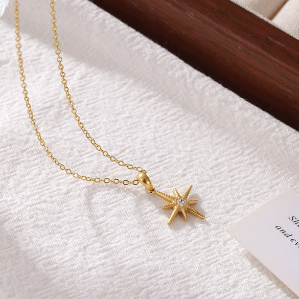 Titanium Steel Starshaped Pendant Necklace With Inlaid Zircon Electroplated Minimalist Geometric Style