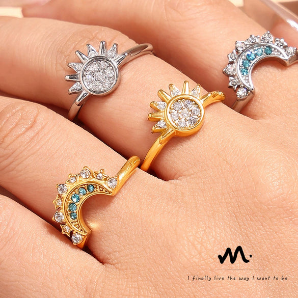 316L Stainless Steel Sun And Moon Zircon Ring With Geometric Pattern Electroplated Stylish Women's Tail Ring