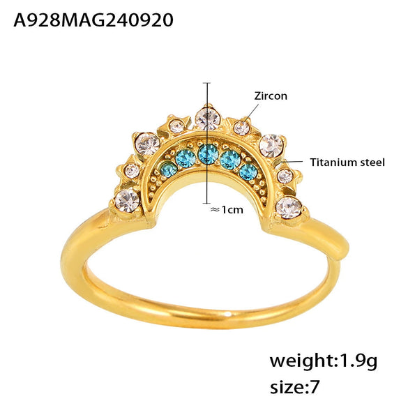 316L Stainless Steel Sun And Moon Zircon Ring With Geometric Pattern Electroplated Stylish Women's Tail Ring
