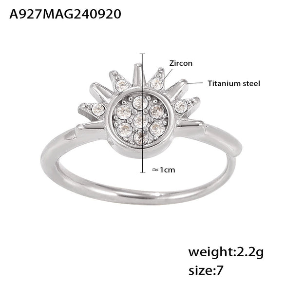 316L Stainless Steel Sun And Moon Zircon Ring With Geometric Pattern Electroplated Stylish Women's Tail Ring