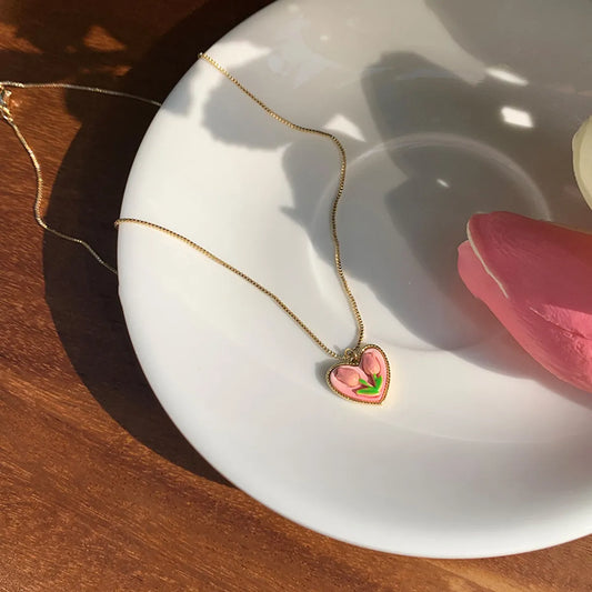 Stainless Steel Sweet Heart Shape Flower Plating Necklace