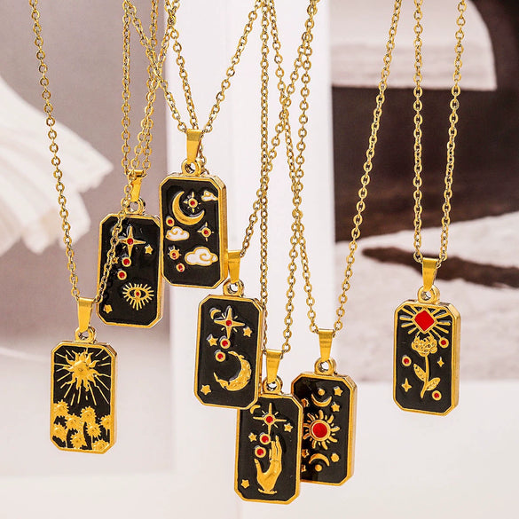 Titanium Steel Tarot Stereo Relief Pendant Necklace With Cartoon Characters Electroplating Design Unisex