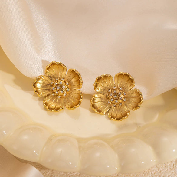 Titanium Steel Three Dimensional Flower Electroplated Diamond Women's Earrings