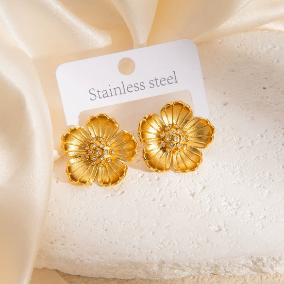 Titanium Steel Three Dimensional Flower Electroplated Diamond Women's Earrings