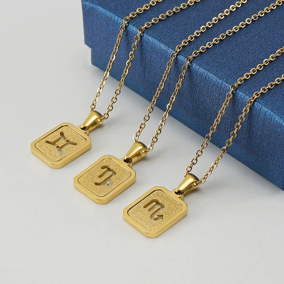316L Stainless Steel Twelve Constellation Pendant Necklace For Women With Sand Glitter Powder And Vacuum Plating